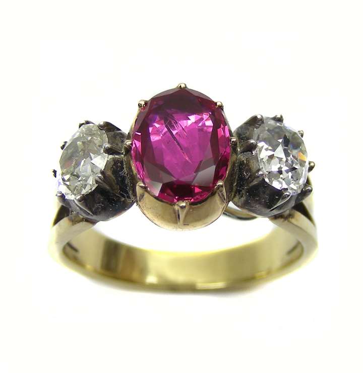 Antique ruby and diamond three stone ring